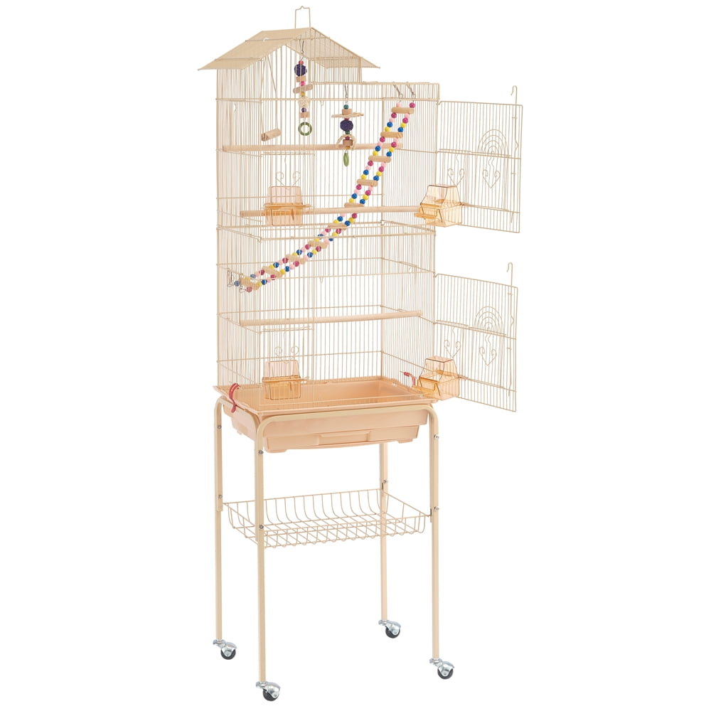 Alden Design 62.4" H Rolling Mid-Size Metal Bird Cage with Perches, Almond