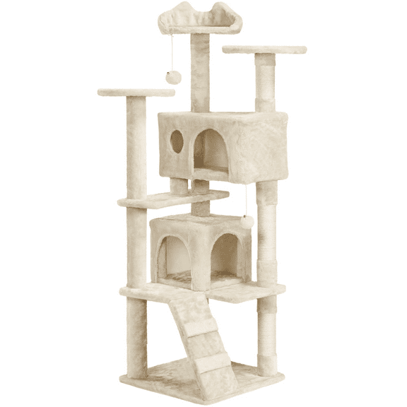 Alden Design 62''H Double Condo Cat Tree with Scratching Post Tower, Beige