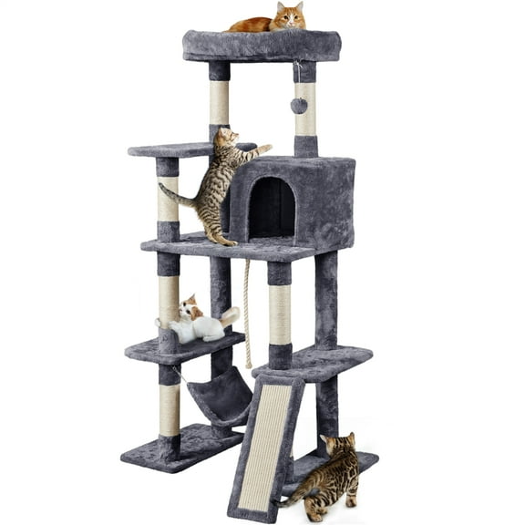 Alden Design 63" H Cat Tree Tower with Hammock and Scratching Posts, Dark Gray
