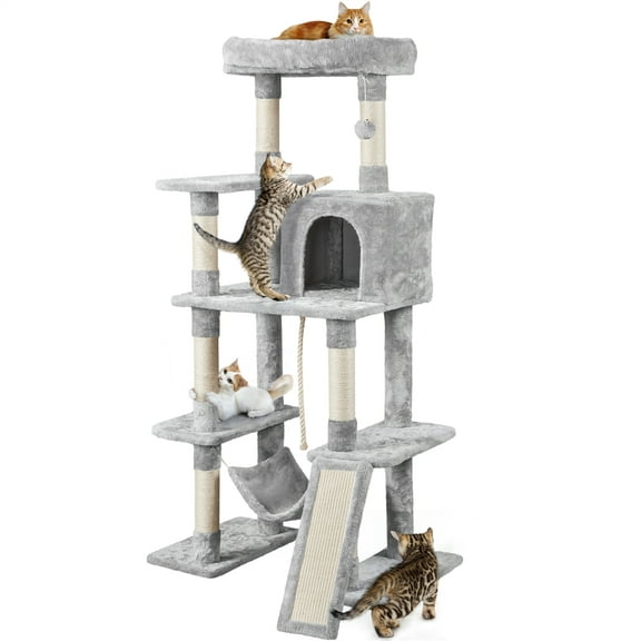 Alden Design 63" H Cat Tree Tower with Hammock and Scratching Posts, Light Gray