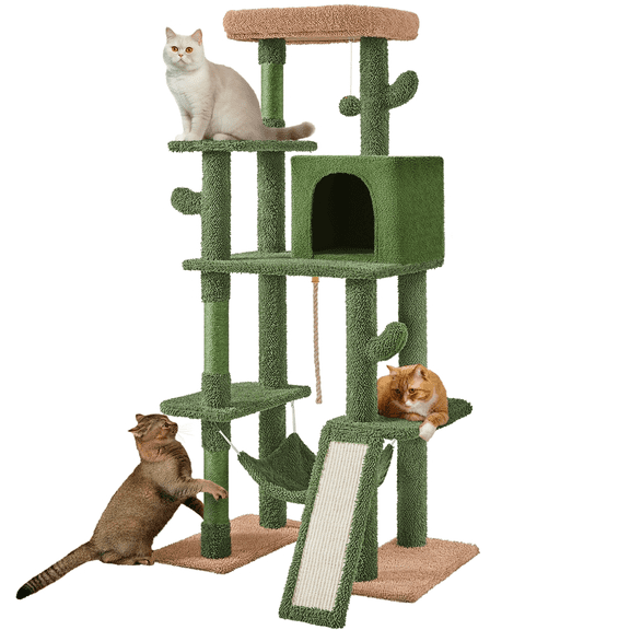 Alden Design 63 H Multi-Level Cactus Cat Tree with Natural Sisal & Hanging Ball, Green/Brown