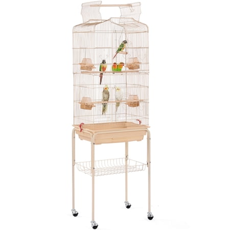 Alden Design 64" Large Rolling Metal Bird Cage with Open Top, Almond