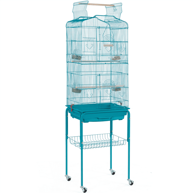 Alden Design 64''H Parrot Cage Open Top Metal Bird Cage Large Rolling, Teal Blue