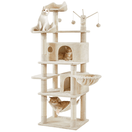 Alden Design 67? H Large Multi-Level Cat Tree with 2 Cat Condos for Indoor Cats, Beige