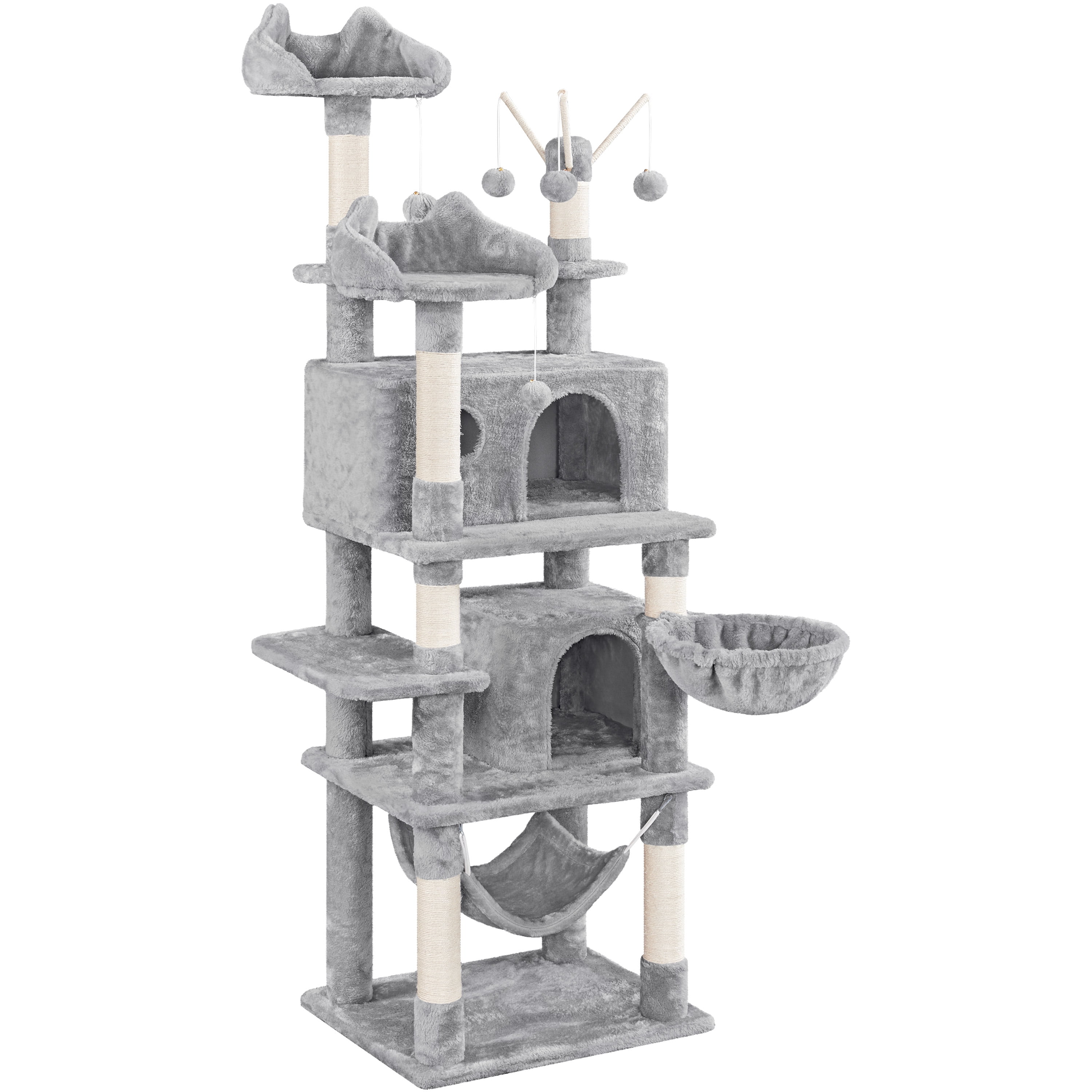 Alden Design 67" H Multi-Level Cat Tree Tower with 2 Cat Condos & Hammock Basket, Light Gray