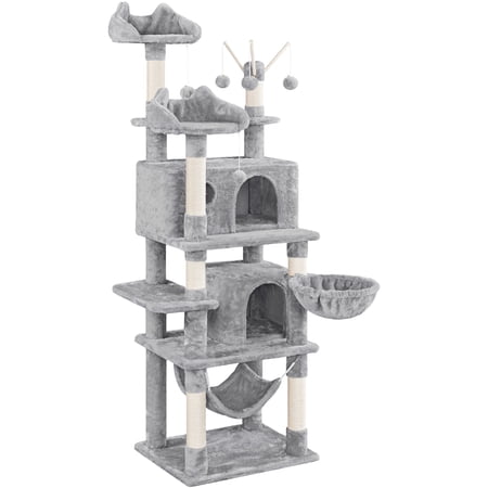 Alden Design 67" H Multi-Level Cat Tree Tower with 2 Cat Condos & Hammock Basket, Light Gray