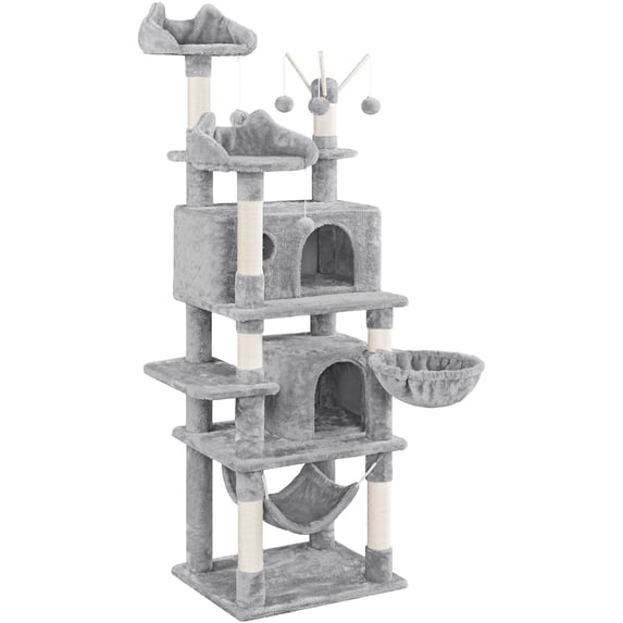 Alden Design 67" H Multi-Level Cat Tree Tower with 2 Cat Condos & Hammock Basket, Light Gray