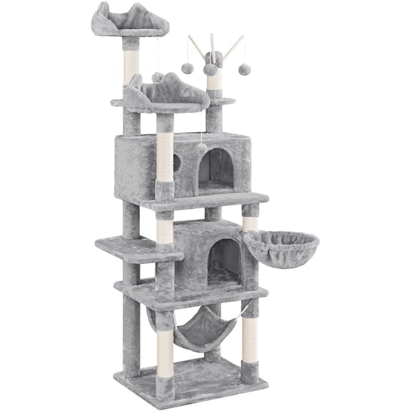 Alden Design 67" H Multi-Level Cat Tree Tower with 2 Cat Condos & Hammock Basket, Light Gray