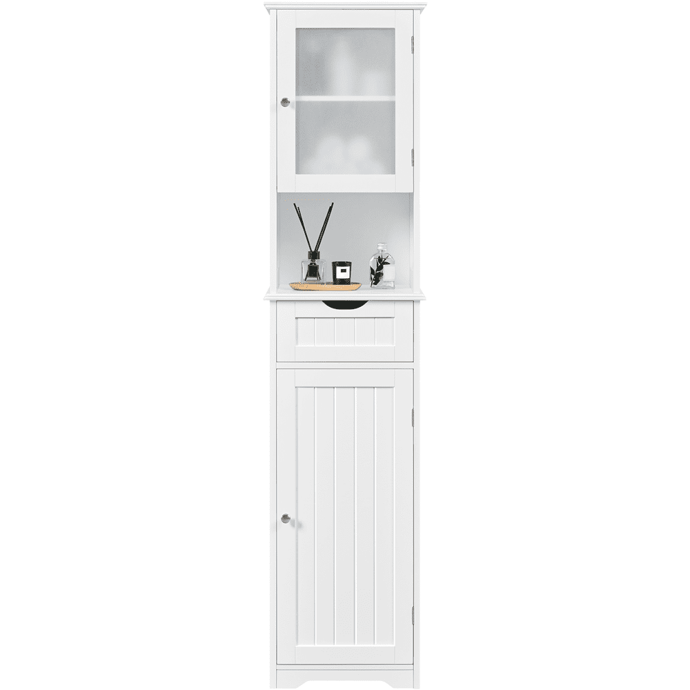 Alden Design 67 Tall Freestanding Wooden Storage Cabinet with Glass Door for Bathroom, White
