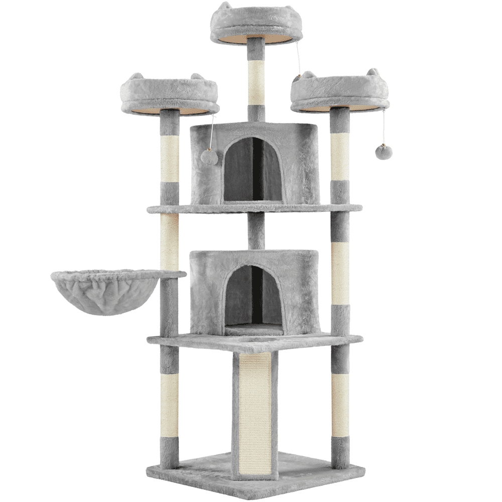 Alden Design 68.5"H Large Multilevel Cat Tree Tower with Condos and Perches, Light Gray