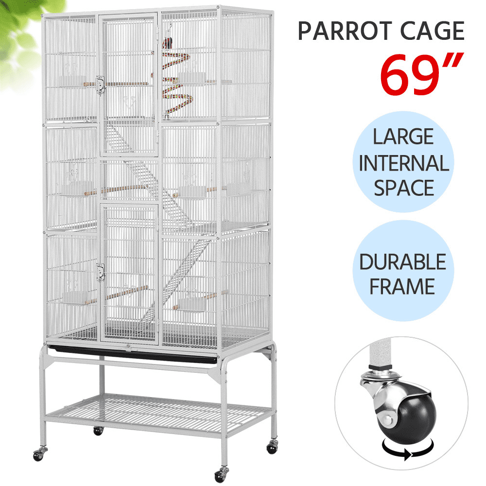 Alden Design 69" H Rolling Extra Large Metal Bird Cage with Detachable Stand for Parrots, White