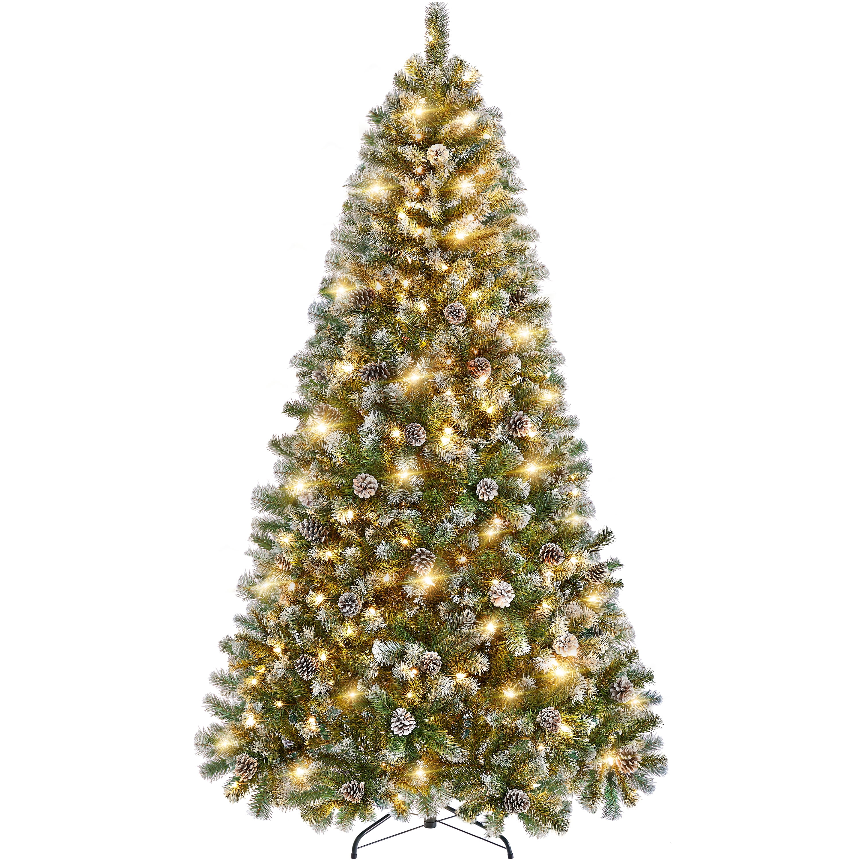 Alden Design 6FT Frosted Artificial Christmas Tree with Pinecones, Pre-Lit Warm White Lights and Stand Included, Green