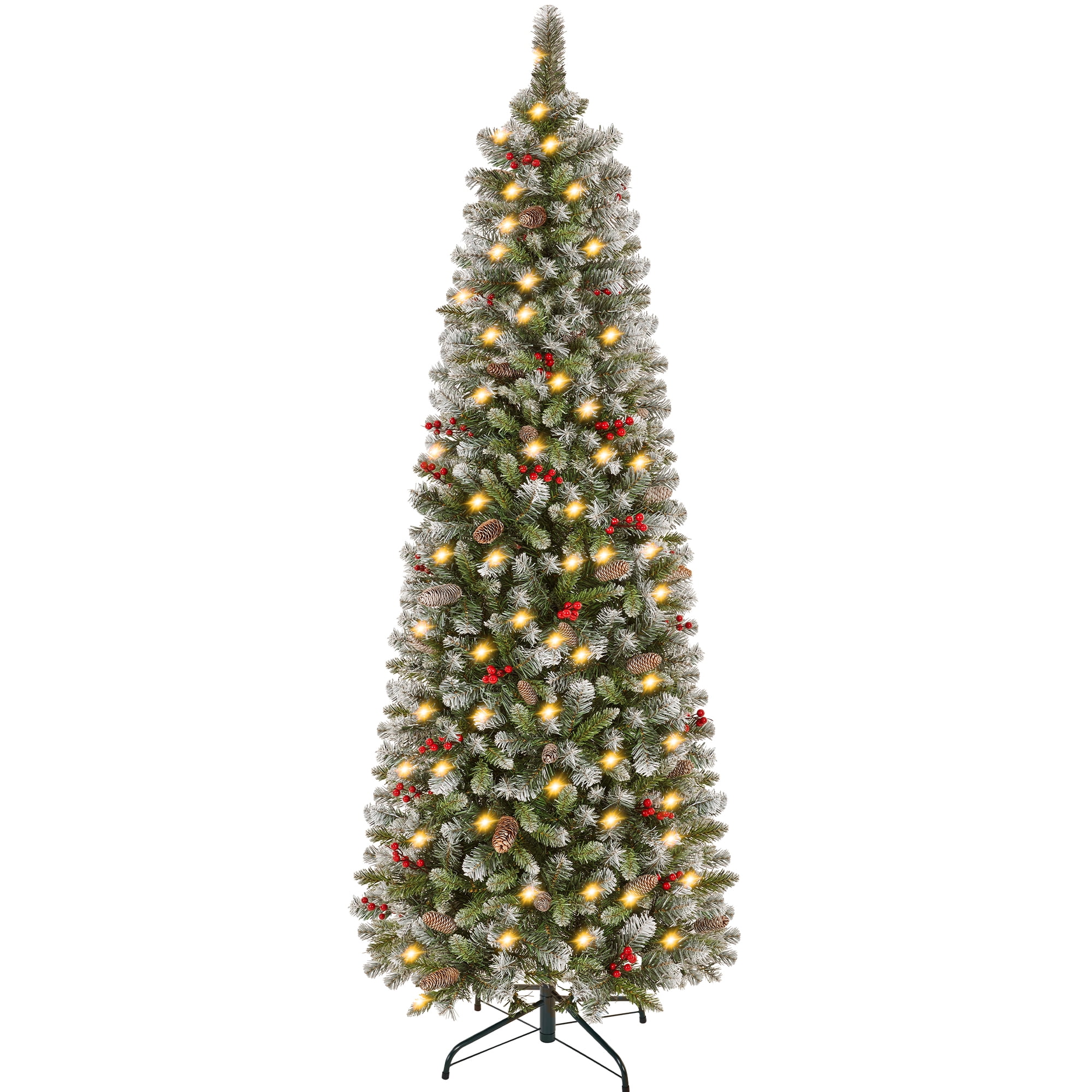 Alden Design 6FT Pre-Lit Pencil Christmas Tree with Pinecones and Red Berries, Snow-Dusted PVC Holiday Tree, Green