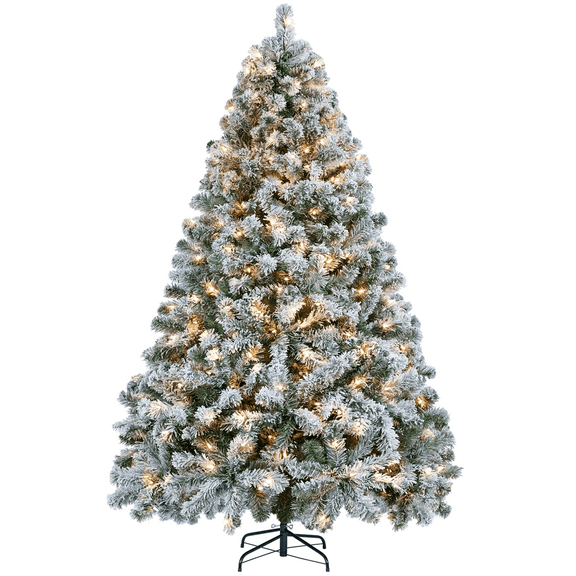 Alden Design 6Ft Pre-lit Flocked Artificial Christmas Tree with Foldable Stand, Green