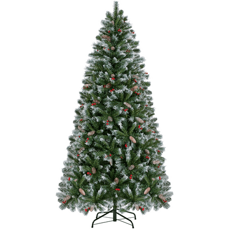 Alden Design 6Ft Pre-lit Frosted Artificial Christmas Tree with Pinecones & Holly Berries, Green