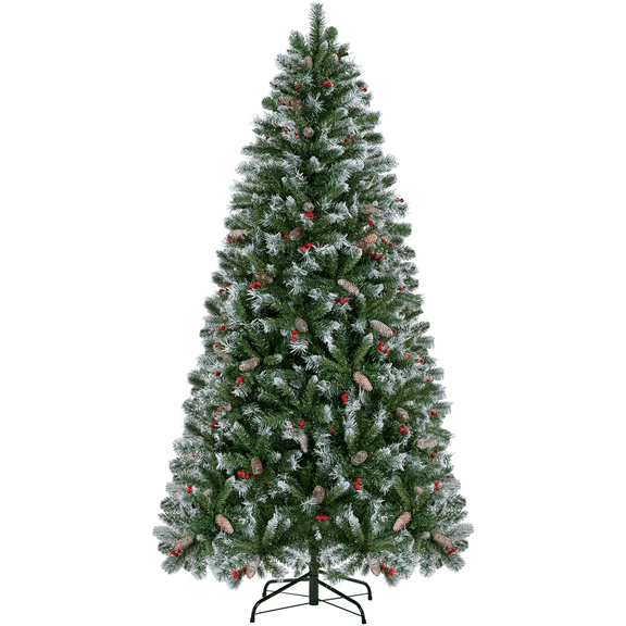 Alden Design 6Ft Pre-lit Frosted Artificial Christmas Tree with Pinecones & Holly Berries, Green