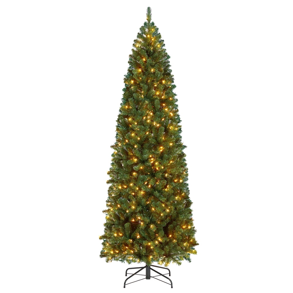 Alden Design 7.5 Ft Pre-lit Slim Flocked Christmas Tree with Lights, Green