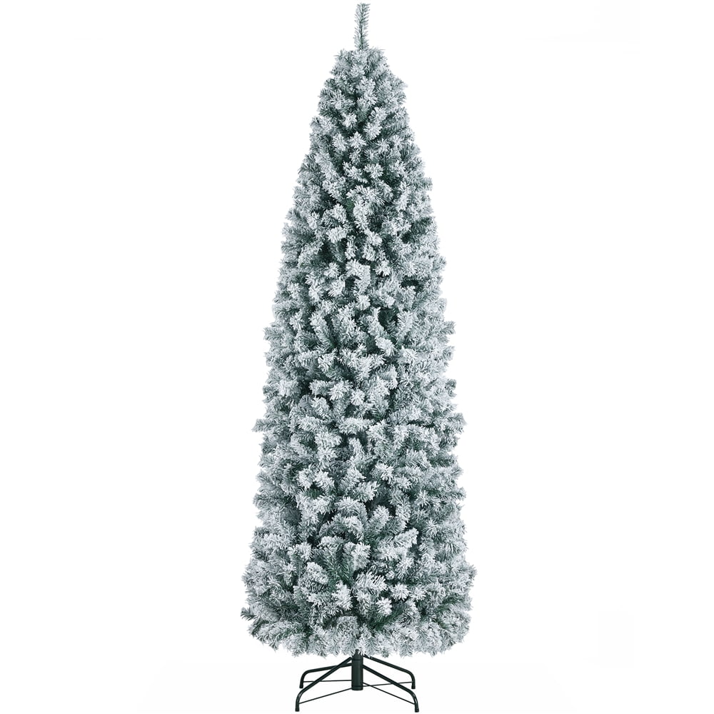 Alden Design 7.5 Ft Unlit Hinged Artificial Spruce Slim Christmas Tree, Frosted White