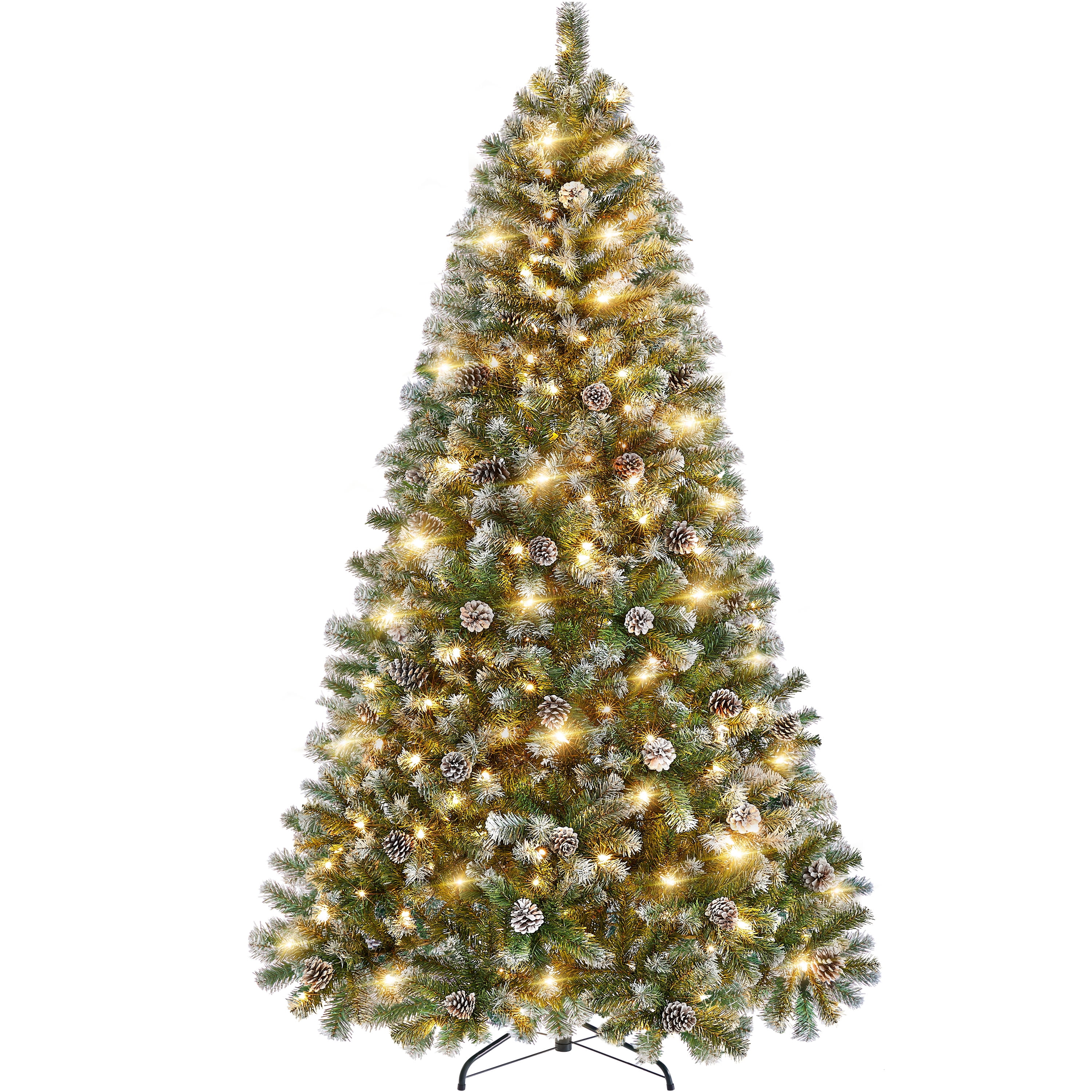 Alden Design 7.5FT Frosted Artificial Christmas Tree with Pinecones, Pre-Lit Warm White Lights and Stand Included, Green