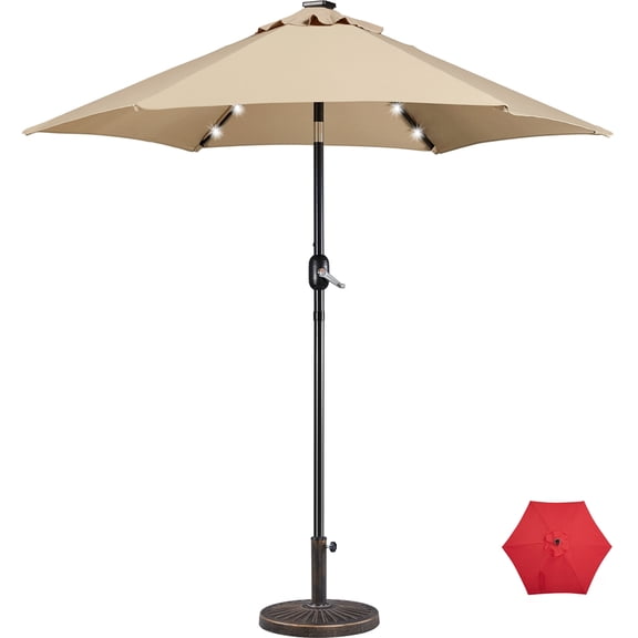 Alden Design 7.5FT LED Patio Umbrella with 6 Ribs & 18 LED Solar Lights + Patio Umbrella Base,Tan