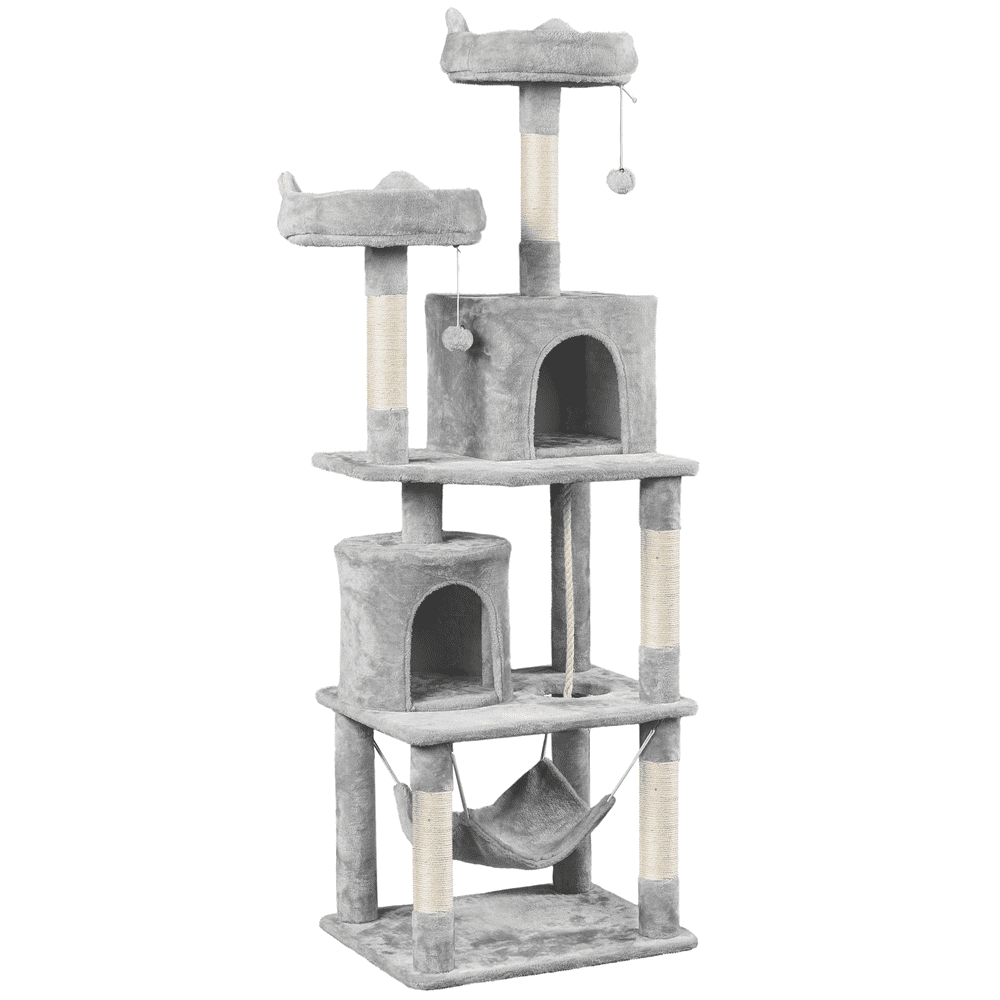 Alden Design 70″H Multi Level Cat Tower Tree with 2 Condos & 2 Foam-Padded Perches for Medium/Large Cats, Light Gray
