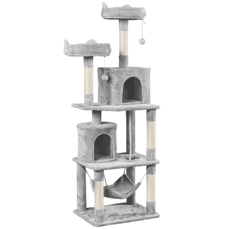 Alden Design 70?H Multi Level Cat Tower Tree with 2 Condos & 2 Foam-Padded Perches for Medium/Large Cats, Light Gray
