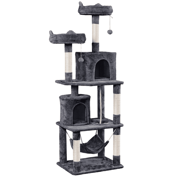 Alden Design 70″H Multi Level Cat Tower Tree with 2 Condos & 2 Foam-Padded Perches for Medium/Large Cats, Light Gray