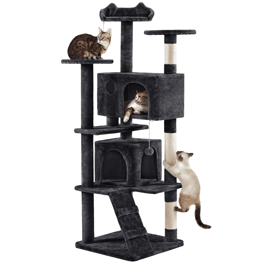 Alden Design 70" H Double Condo Cat Tree with Scratching Post Tower, Black