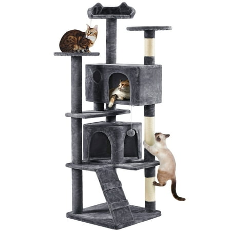 Alden Design 70" H Double Condo Cat Tree with Scratching Post Tower, Dark Gray