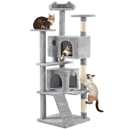 Alden Design 70" H Double Condo Cat Tree Tower with Scratching Posts, Light Gray