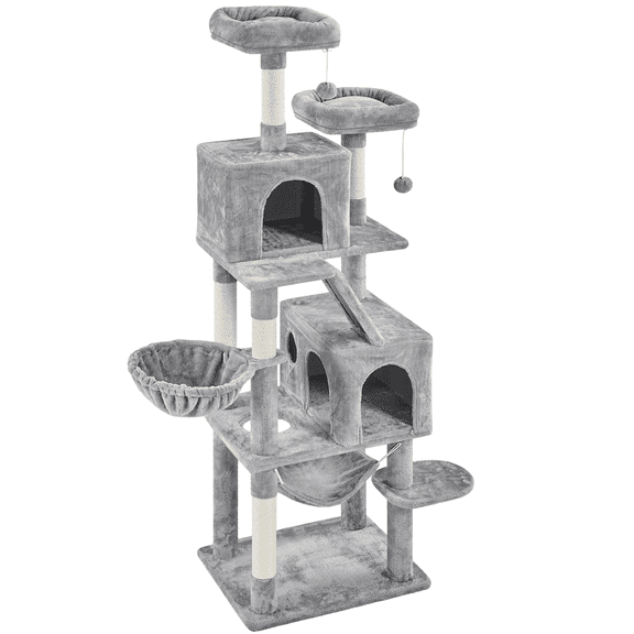 Alden Design 71.5″ H Multi-Level Large Cat Tree with 2 Cozy Perches and 2 Condos, Light Gray