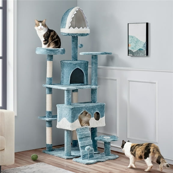 Alden Design 72.5″ H Ocean-themed Cat Tree with Shark's Mouth Bed Fish-shaped Perch , Blue & White