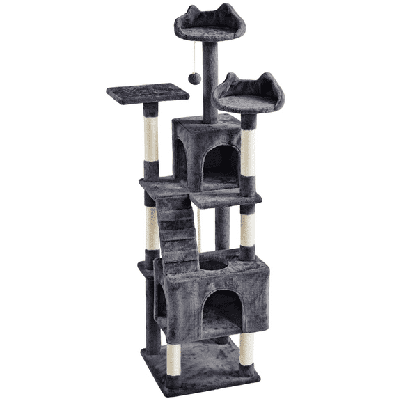 Alden Design 72″ H Multi-Level Large Cat Tree with 2 Cozy Perches for Medium Cats, Dark Gray