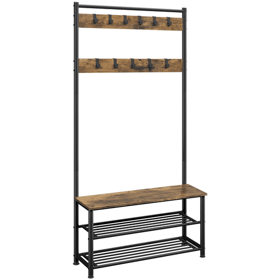 Alden Design 73"H Metal Hall Tree with 2 Layer Shoe Storage, Rustic Brown