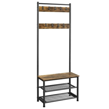 Alden Design 73" Metal Hall Tree with Shoe Storage Bench, Rustic Brown