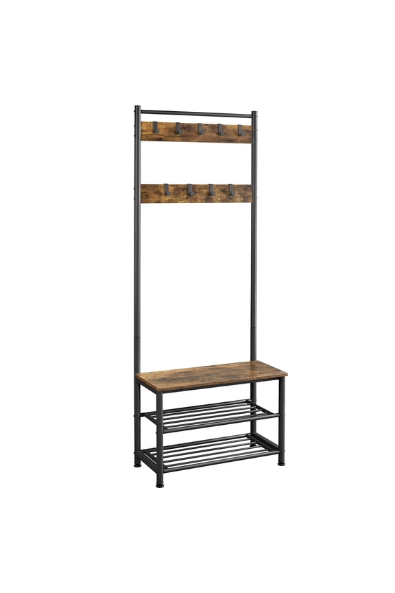 73" Metal Hall Tree with Shoe Storage Bench, Rustic Brown
