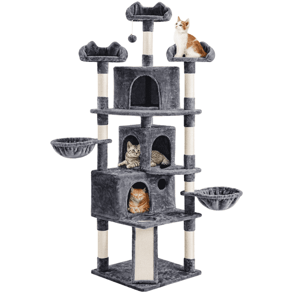 Alden Design 76.5" H Large Cat Tree Tower with 3 Condos Cozy Perches Dangling Ball, Dark Gray