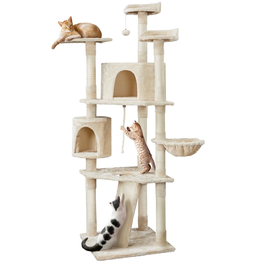 Alden Design 79″ H Multilevel Cat Tree with 2 Condos Basket Scratching Posts, Beige