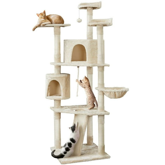Alden Design 79″ H Multilevel Cat Tree with 2 Condos Basket Scratching Posts, Beige