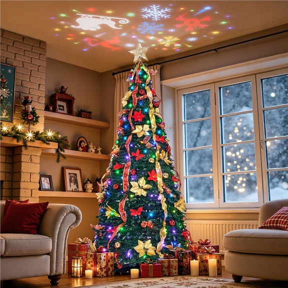 Alden Design 7FT Pre-Lit Pop-Up Christmas Tree with Projector & Bows & Ribbons & Ornaments & Multicolored LED Lights for Party, Holiday, Green