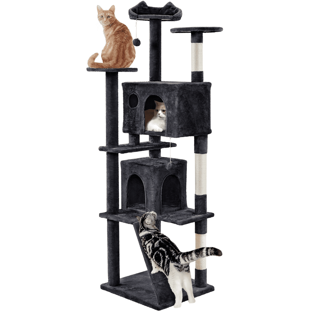 Alden Design 80″ Tall Multilevel Cat Tree with 2 Condos & 3 Scratching Posts for Kittens, Black