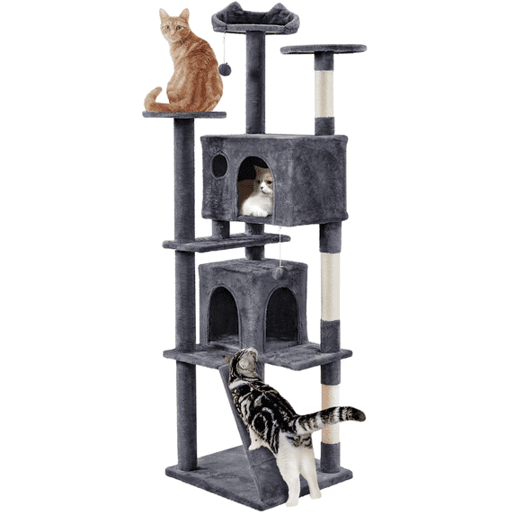 Alden Design 80″ Tall Multilevel Cat Tree with 2 Condos & 3 Scratching Posts for Kittens, Dark Gray