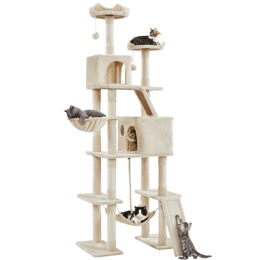 Alden Design 82.5″ H Multi Level Large Cat Tree with 2 Cozy Condos for Indoor Small/Medium Cats, Beige