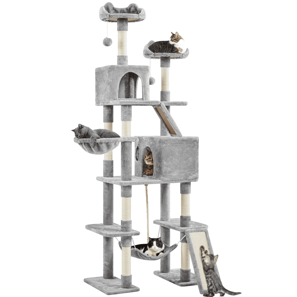 Alden Design 82.5″ H Multi Level Large Cat Tree with 2 Cozy Condos for Indoor Small/Medium Cats, Light Gray