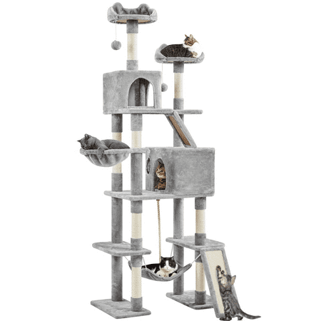 Alden Design 82.5? H Multi Level Large Cat Tree with 2 Cozy Condos for Indoor Small/Medium Cats, Light Gray