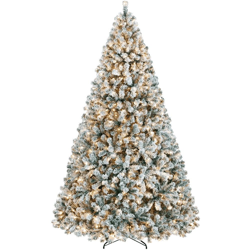Alden Design 9 Ft Pre-lit Flocked Christmas Tree with Warm Lights, Frosted White