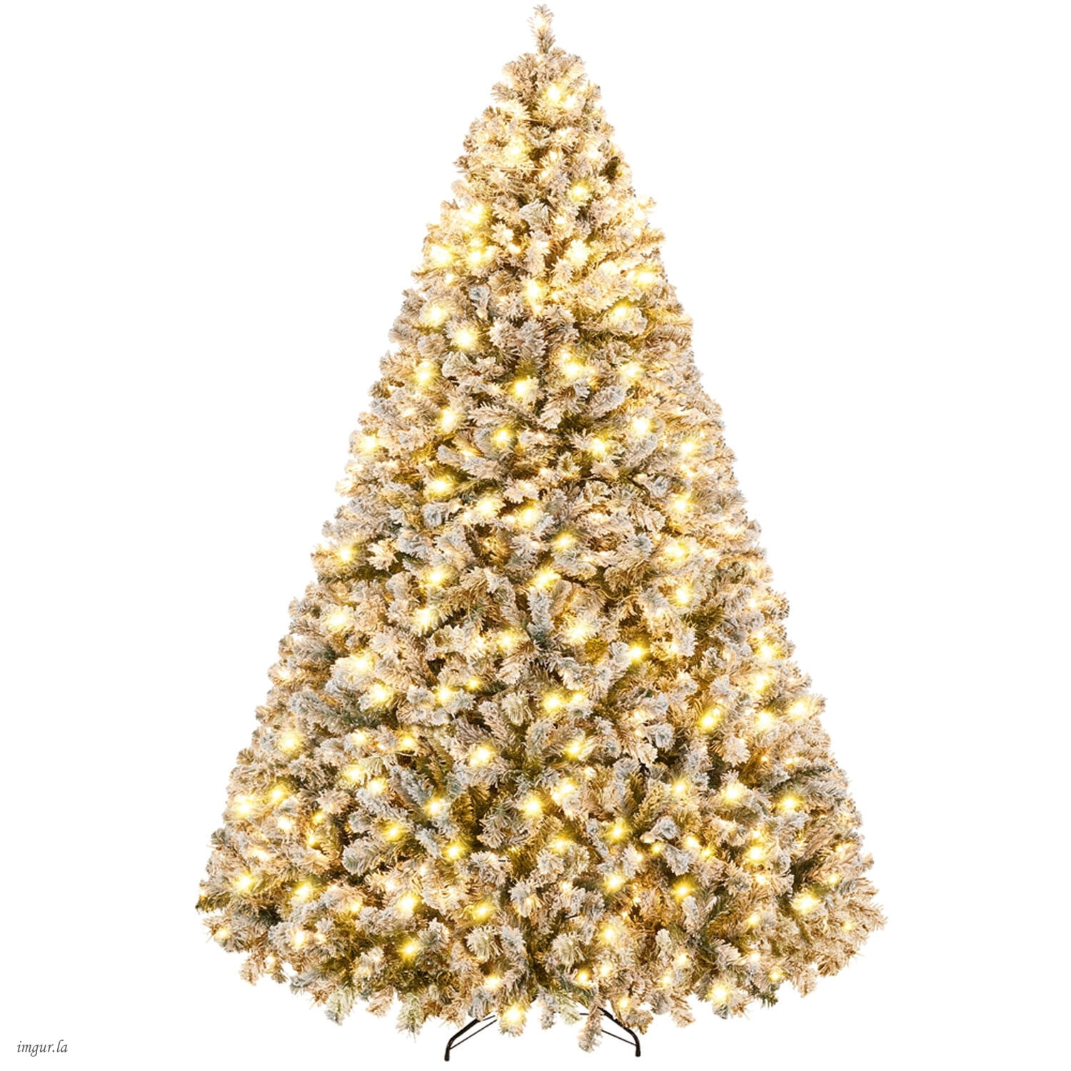 Alden Design 9FT Artificial Pre-lit Flocked Christmas Tree Hinged Fir Xmas Tree with Foldable Stand and LED Lights,Green & White