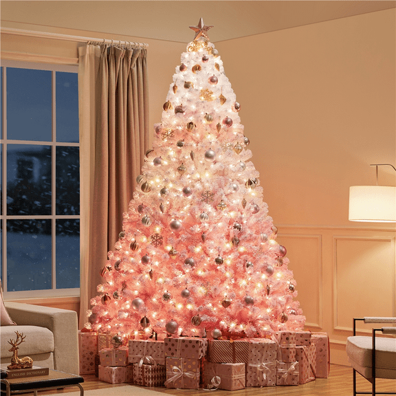 Alden Design 9FT Artificial Snow Flocked Christmas Tree with 900 Lights, Pink Gradient