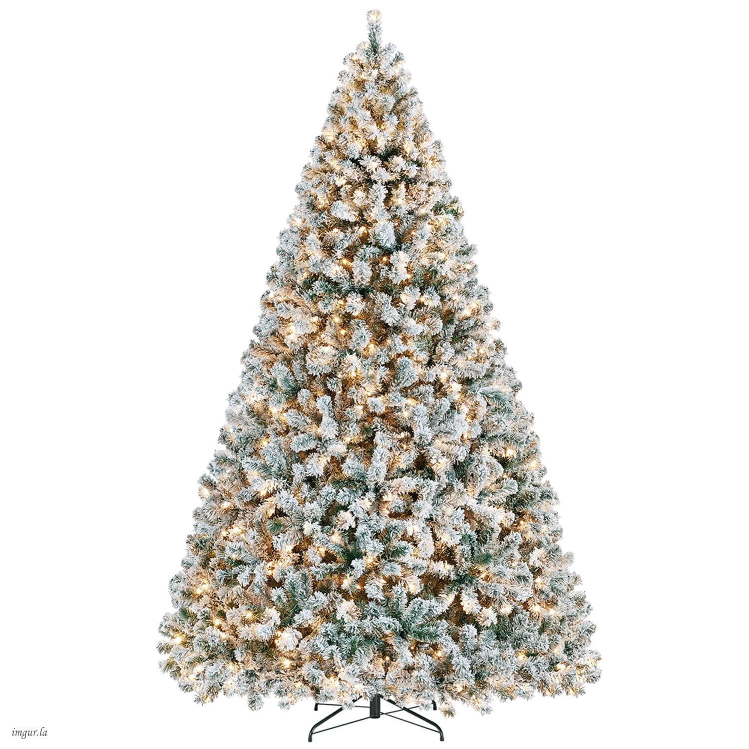 Alden Design 9FT Pre-lit Flocked Christmas Tree with Warm Lights,Hinged Christmas Tree with Foldable Stand,Green&White