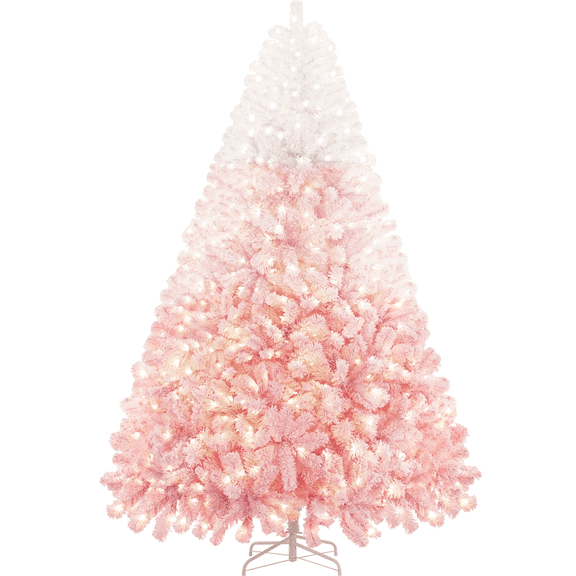 Alden Design 9Ft Pre-lit Flocked Artificial Christmas Tree with Incandescent Warm White Lights, Pink Gradient